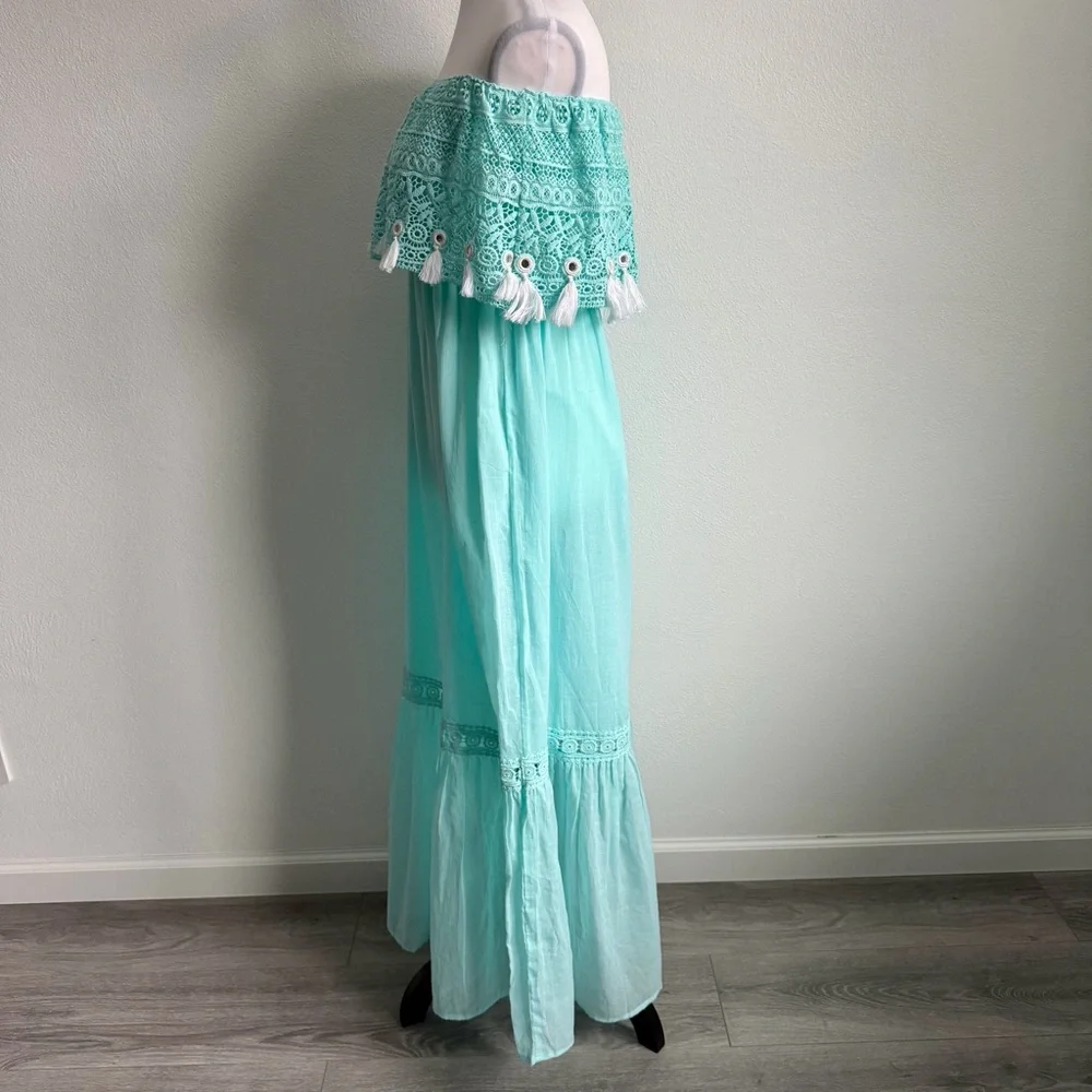 Debbie Katz Off the Shoulder Beach Boho Feminine Beach Resort Teal Maxi‎ Dress S